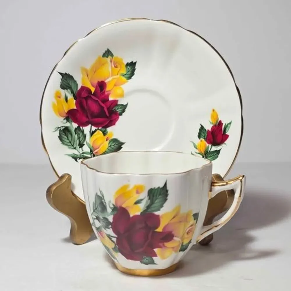 Royal Wentworth Teacup and Saucer Red Yellow Roses Vintage